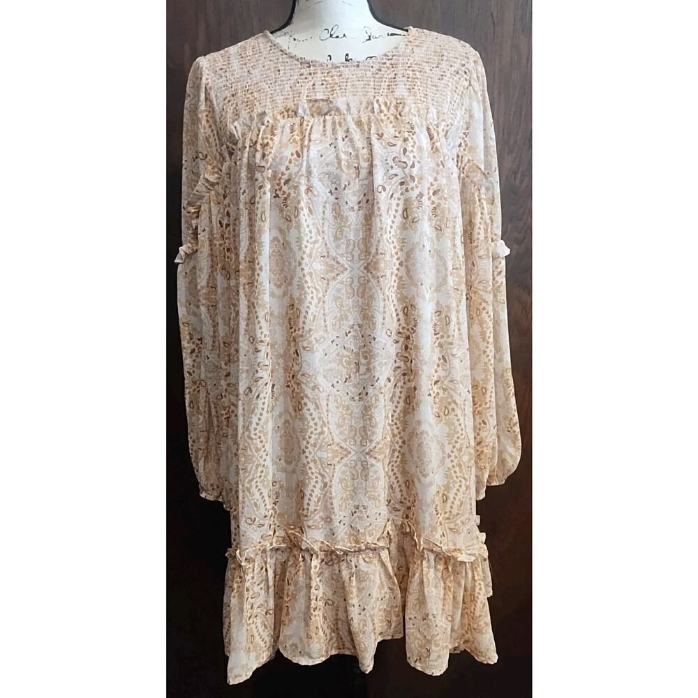 Fall Balloon sleeve swing dress Ivory Cream Orange Paisley Dress Smocked Large